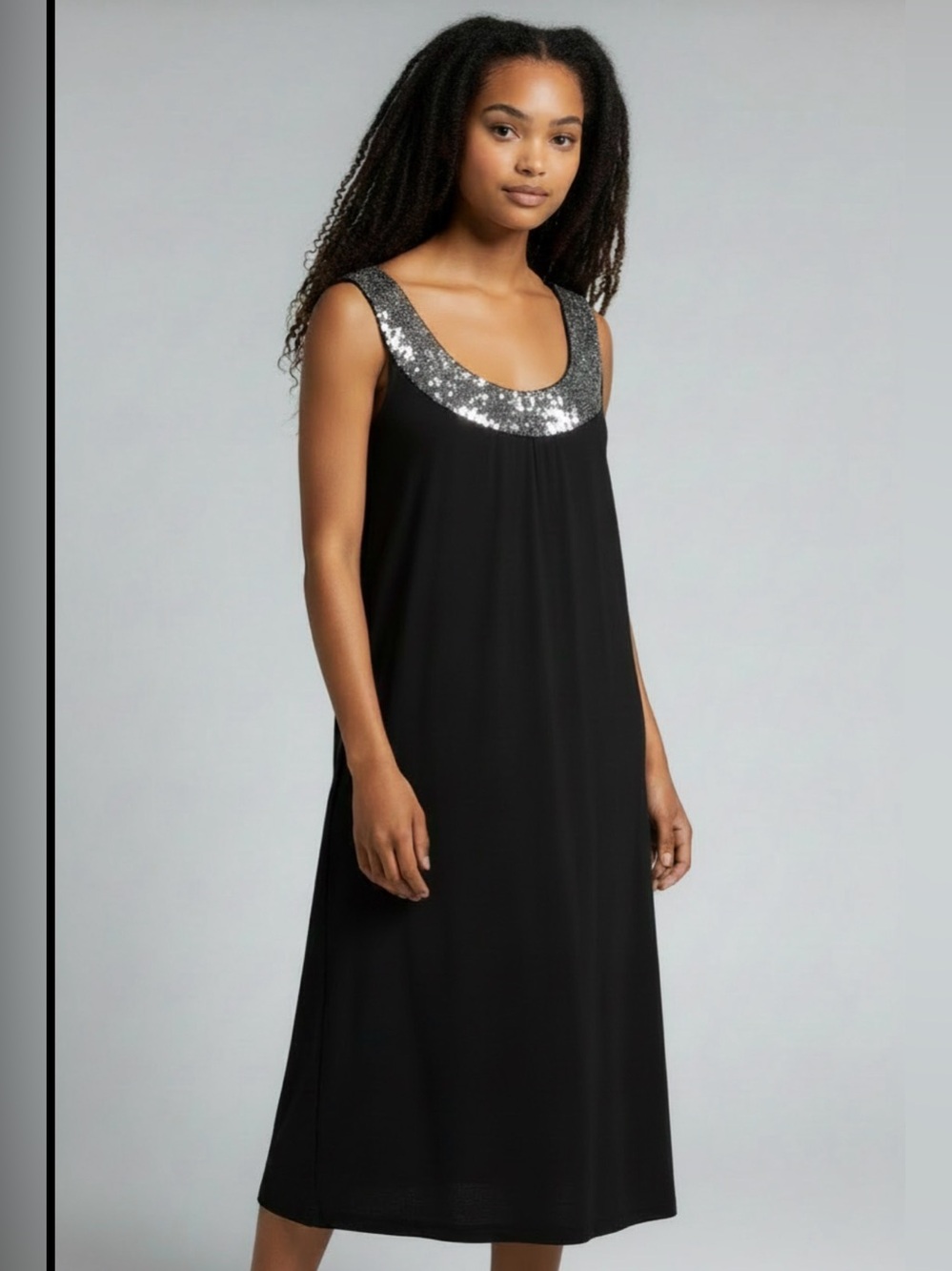 Ninety Women’s Large Black Sleeveless Dress Bling Neckline‎ Stretch Rayon Blend